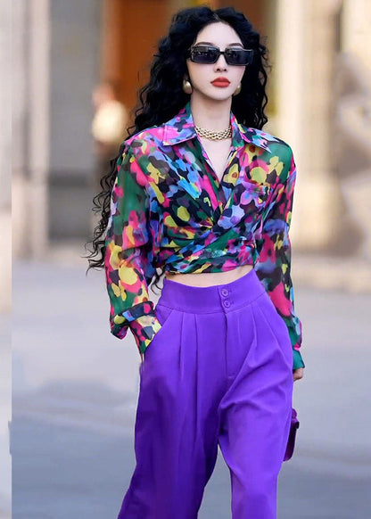 Italian Purple Peter Pan Collar Print Shirts And Wide Leg Pants Two Piece Set Fall Ada Fashion