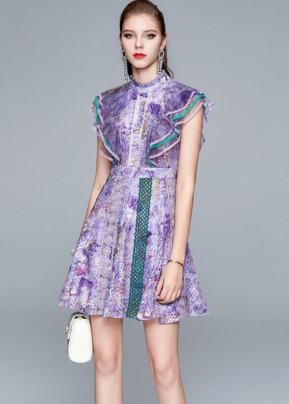 Italian Purple Ruffled Hollow Out Patchwork Lace Mid Dress Summer LY7425 - fabuloryshop