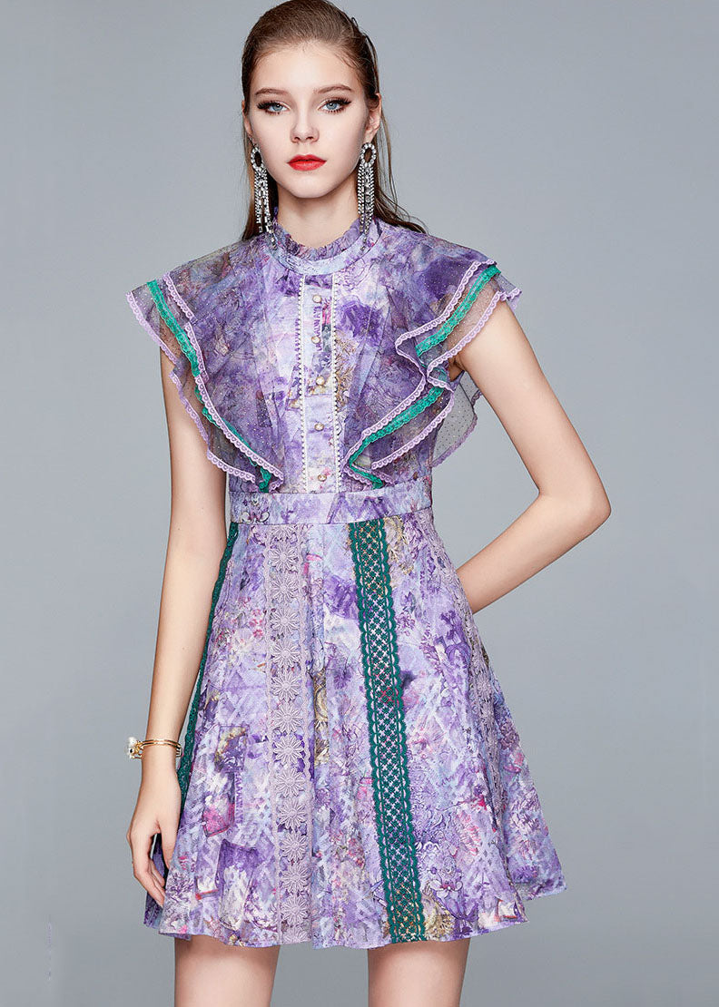 Italian Purple Ruffled Hollow Out Patchwork Lace Mid Dress Summer LY7425 - fabuloryshop