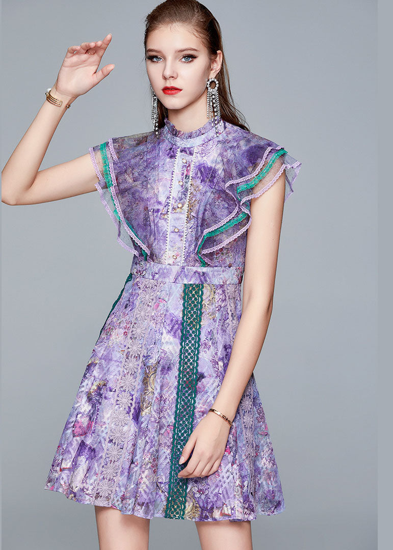 Italian Purple Ruffled Hollow Out Patchwork Lace Mid Dress Summer LY7425 - fabuloryshop