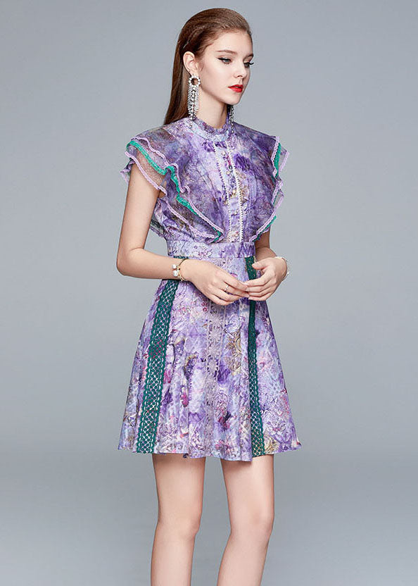 Italian Purple Ruffled Hollow Out Patchwork Lace Mid Dress Summer LY7425 - fabuloryshop