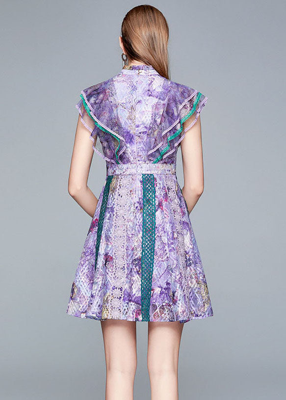 Italian Purple Ruffled Hollow Out Patchwork Lace Mid Dress Summer LY7425 - fabuloryshop