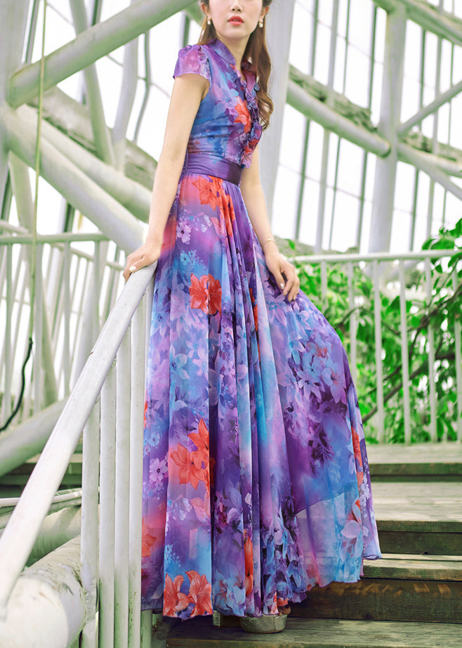 Italian Purple Stand Collar Print Chiffon Maxi Beach Dresses Summer LY1728 - fabuloryshop