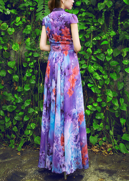 Italian Purple Stand Collar Print Chiffon Maxi Beach Dresses Summer LY1728 - fabuloryshop