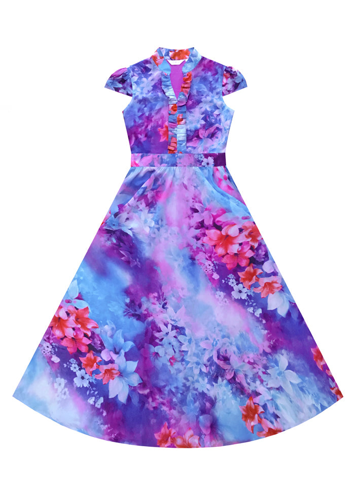 Italian Purple Stand Collar Print Chiffon Maxi Beach Dresses Summer LY1728 - fabuloryshop