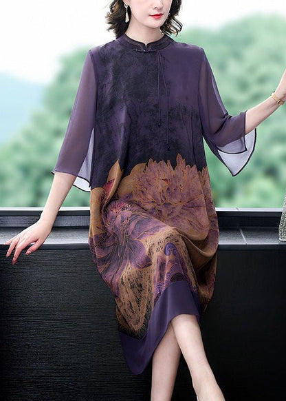 Italian Purple Stand Collar Tasseled Print Patchwork Silk Dress Summer LY4615 - fabuloryshop