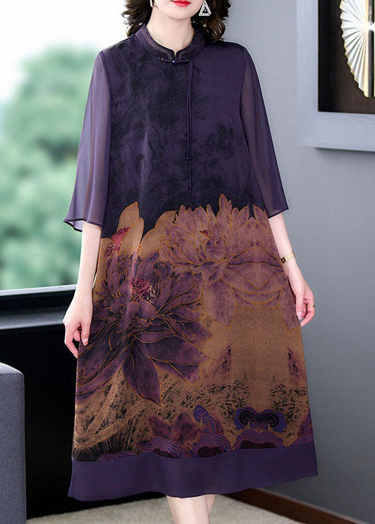 Italian Purple Stand Collar Tasseled Print Patchwork Silk Dress Summer LY4615 - fabuloryshop