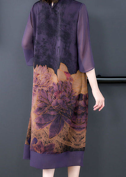 Italian Purple Stand Collar Tasseled Print Patchwork Silk Dress Summer LY4615 - fabuloryshop