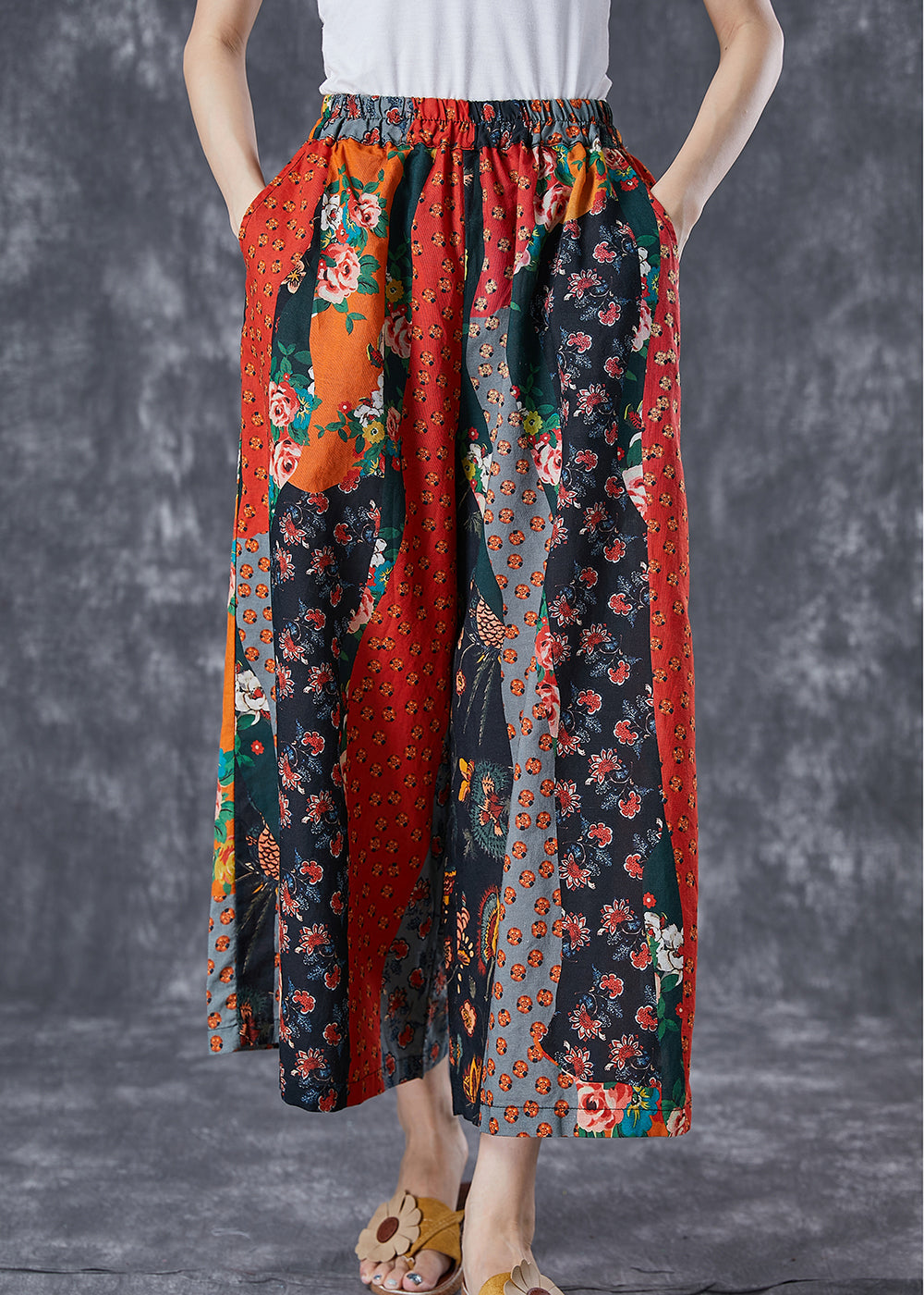 Italian Red Elastic Waist Print Linen Wide Leg Pants Summer LY7041 - fabuloryshop