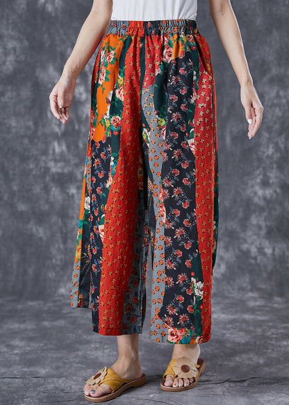 Italian Red Elastic Waist Print Linen Wide Leg Pants Summer LY7041 - fabuloryshop