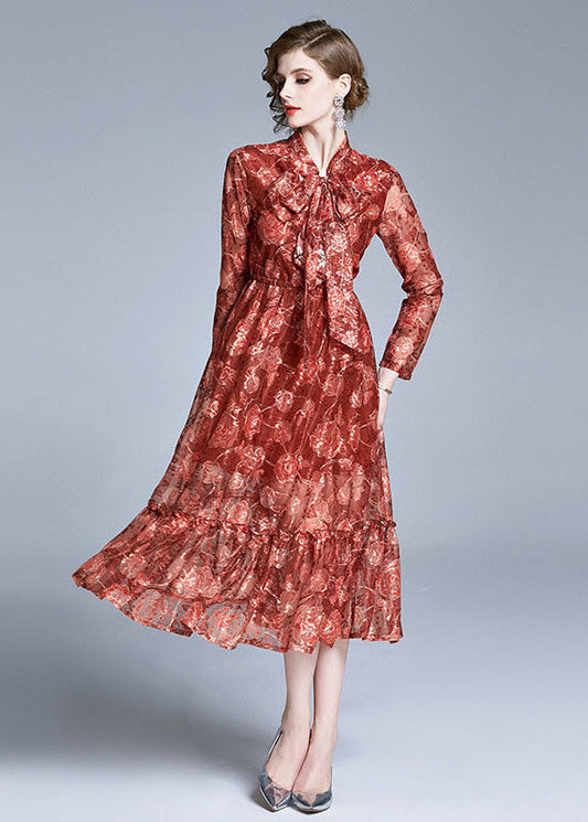 Italian Red Embroideried Bow Ruffled Patchwork Chiffon Dresses Long Sleeve LY7368 - fabuloryshop