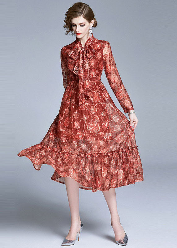Italian Red Embroideried Bow Ruffled Patchwork Chiffon Dresses Long Sleeve LY7368 - fabuloryshop