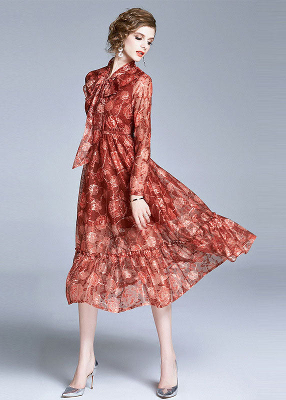 Italian Red Embroideried Bow Ruffled Patchwork Chiffon Dresses Long Sleeve LY7368 - fabuloryshop