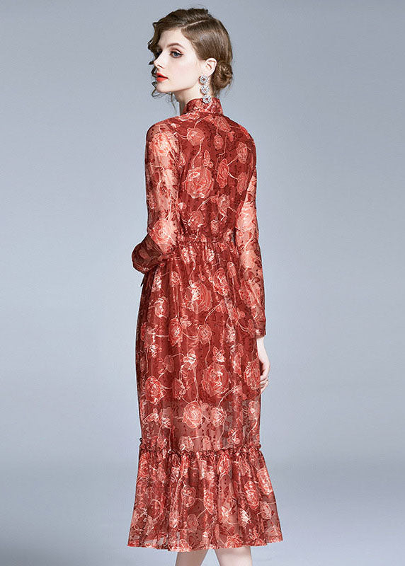 Italian Red Embroideried Bow Ruffled Patchwork Chiffon Dresses Long Sleeve LY7368 - fabuloryshop