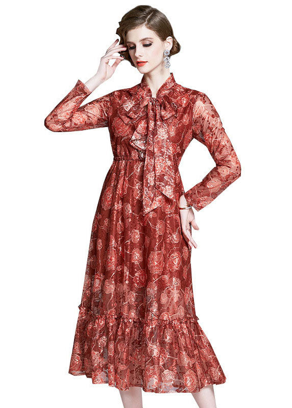 Italian Red Embroideried Bow Ruffled Patchwork Chiffon Dresses Long Sleeve LY7368 - fabuloryshop