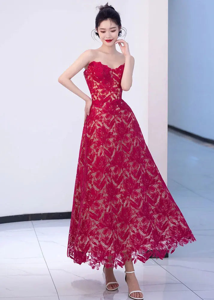 Italian Red Embroideried Hollow Out Lace Maxi Dresses Summer Ada Fashion