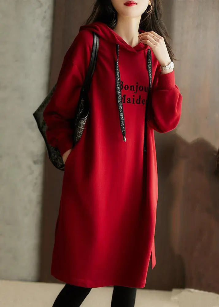 Italian Red Graphic Print Drawstring Long Hoodie Pullover Sweatshirt Long Sleeve Ada Fashion