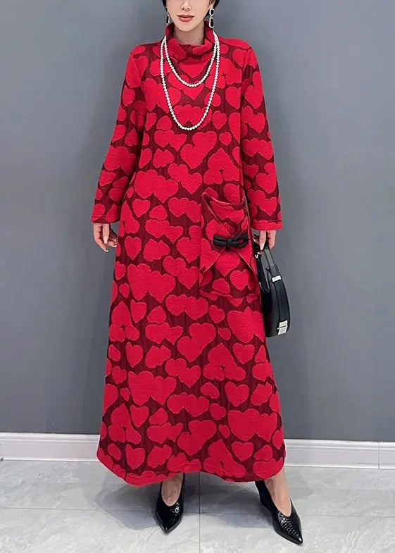 Italian Red Hign Neck Jacquard Patchwork Cotton Dresses Fall Ada Fashion