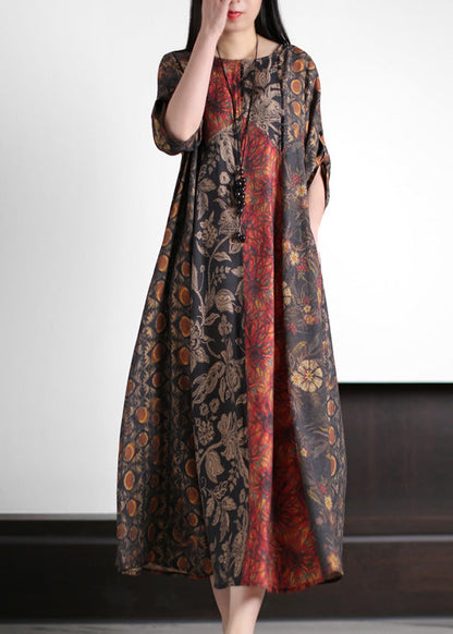 Italian Red O-Neck Print Patchwork Silk Long Dress Half Sleeve LY5115 - fabuloryshop