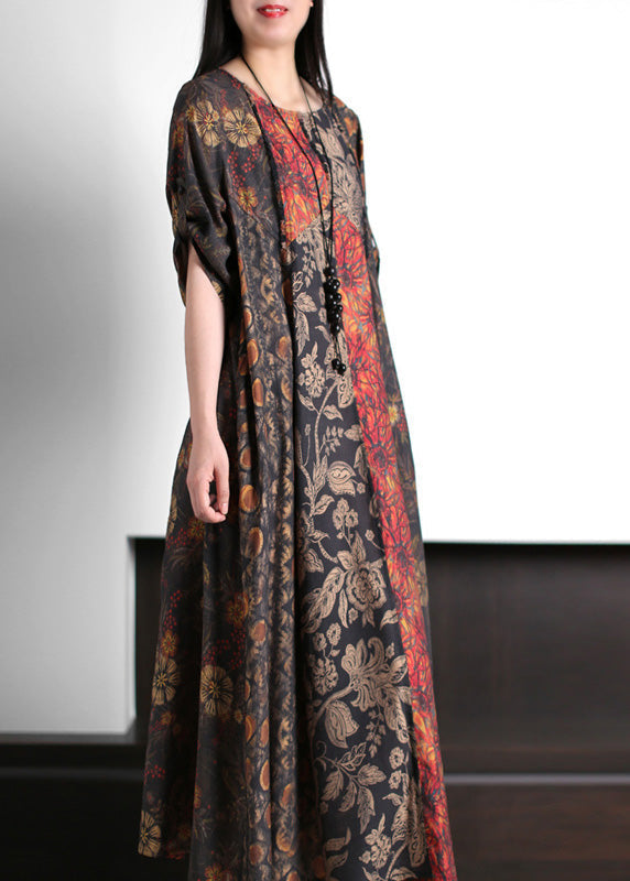 Italian Red O-Neck Print Patchwork Silk Long Dress Half Sleeve LY5115 - fabuloryshop