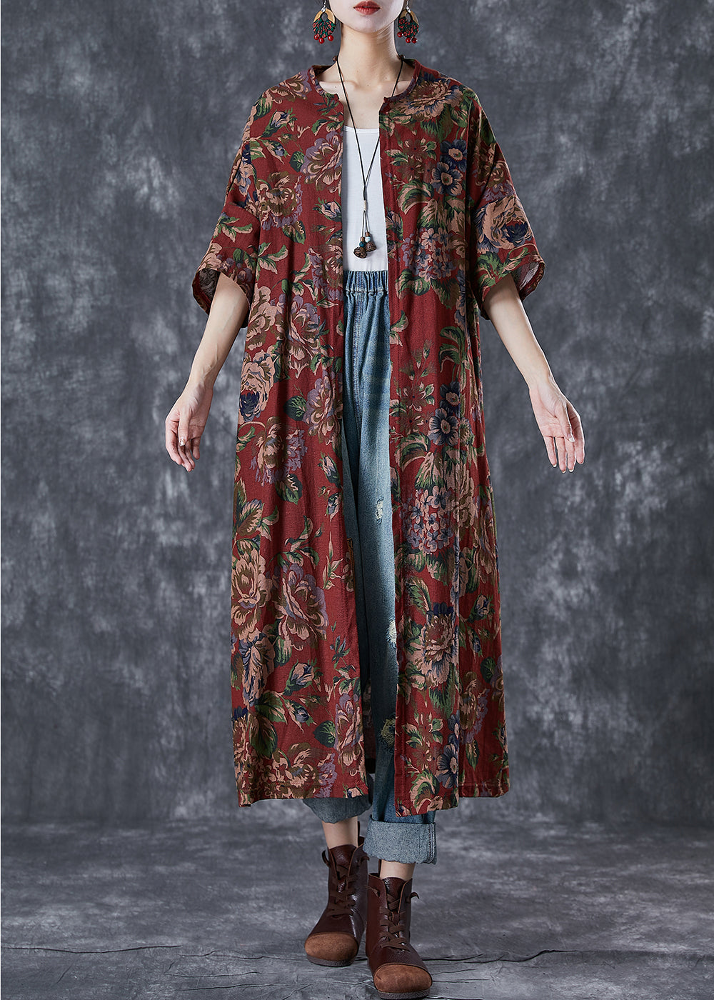 Italian Red Oversized Print Cotton Long Cardigans Summer Ada Fashion