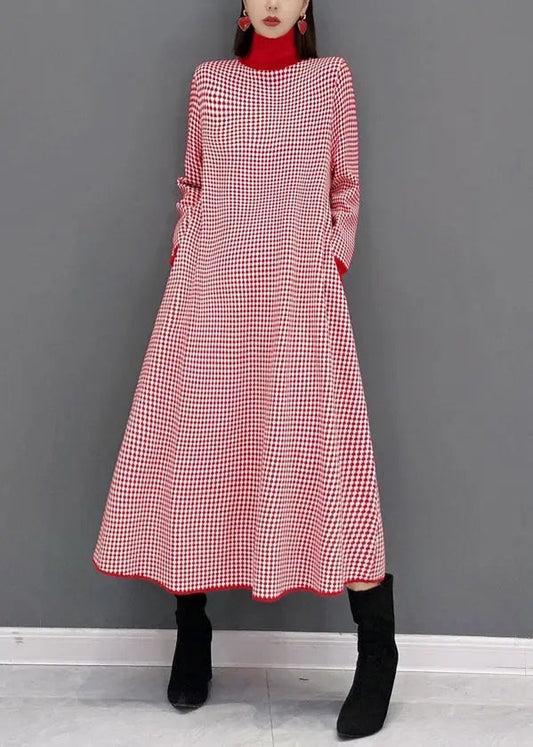 Italian Red Plaid Hign Neck Patchwork Knit Long Dresses Fall Ada Fashion