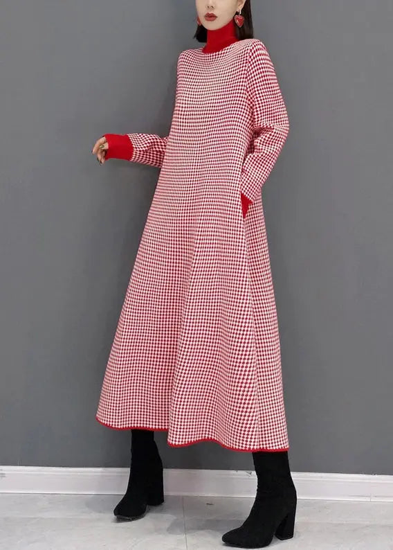 Italian Red Plaid Hign Neck Patchwork Knit Long Dresses Fall Ada Fashion