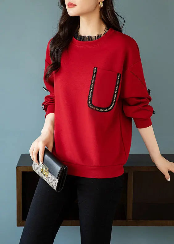 Italian Red Pockets Patchwork False Two Pieces Tops Fall Ada Fashion