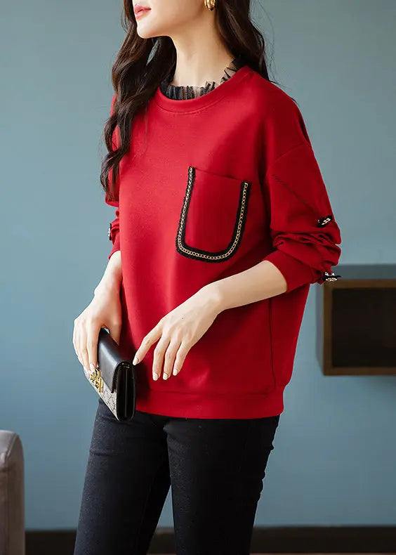 Italian Red Pockets Patchwork False Two Pieces Tops Fall Ada Fashion