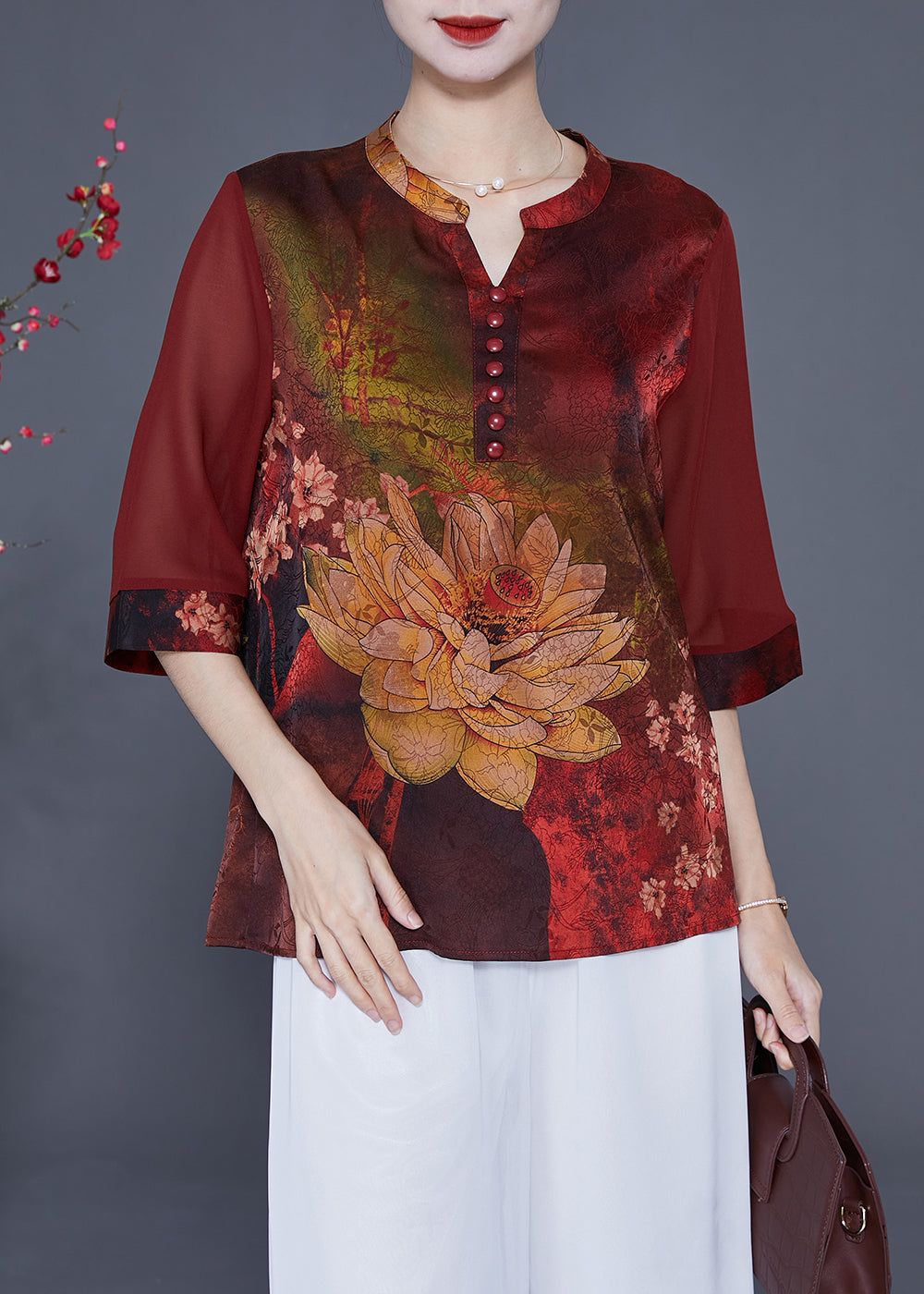 Italian Red Print Patchwork Silk Blouses Half Sleeve LY2338 - fabuloryshop