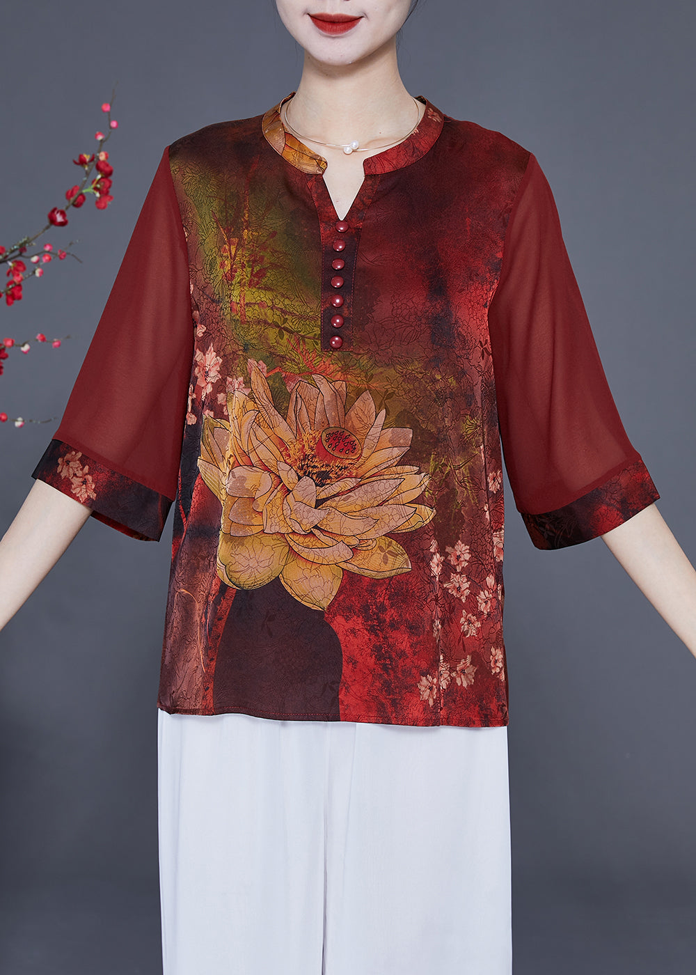 Italian Red Print Patchwork Silk Blouses Half Sleeve LY2338 - fabuloryshop