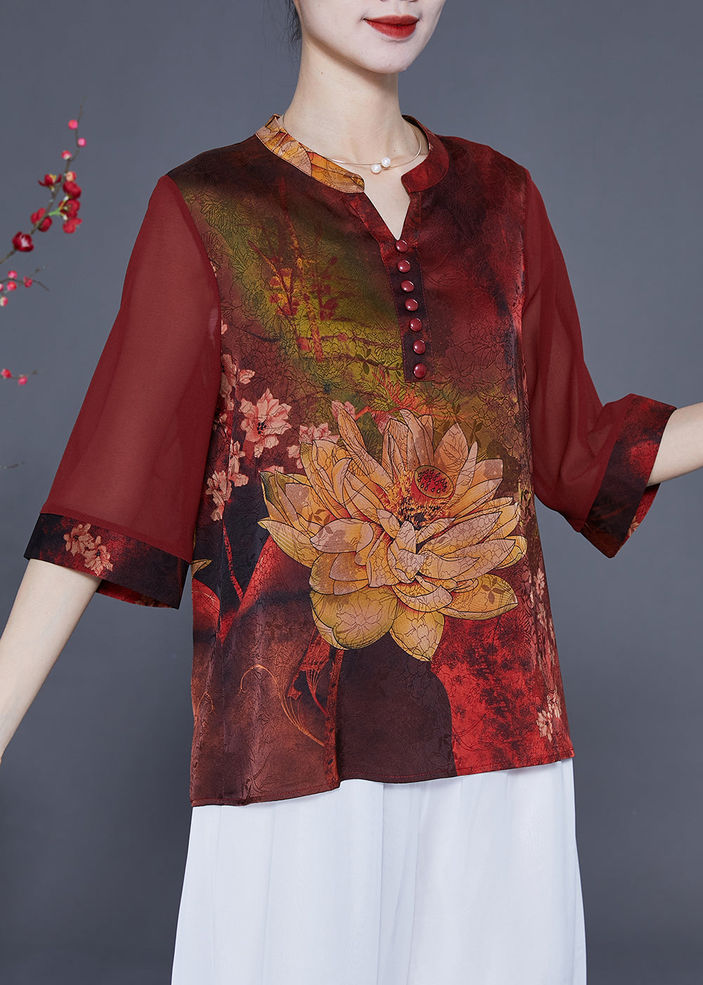 Italian Red Print Patchwork Silk Blouses Half Sleeve LY2338 - fabuloryshop