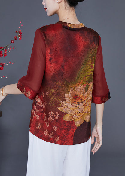 Italian Red Print Patchwork Silk Blouses Half Sleeve LY2338 - fabuloryshop