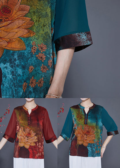 Italian Red Print Patchwork Silk Blouses Half Sleeve LY2338 - fabuloryshop