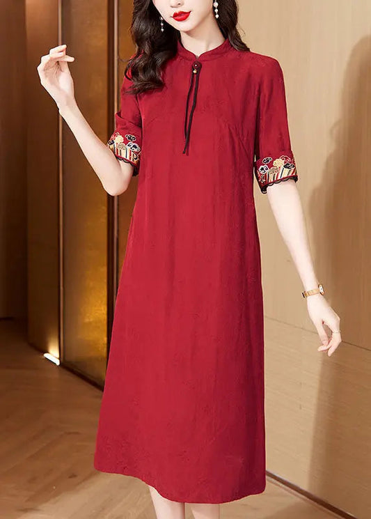 Italian Red Stand Collar Embroidered Maxi Dresses Short Sleeve Ada Fashion