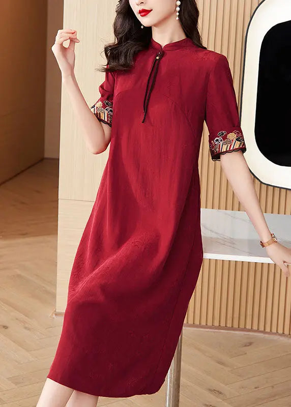 Italian Red Stand Collar Embroidered Maxi Dresses Short Sleeve Ada Fashion