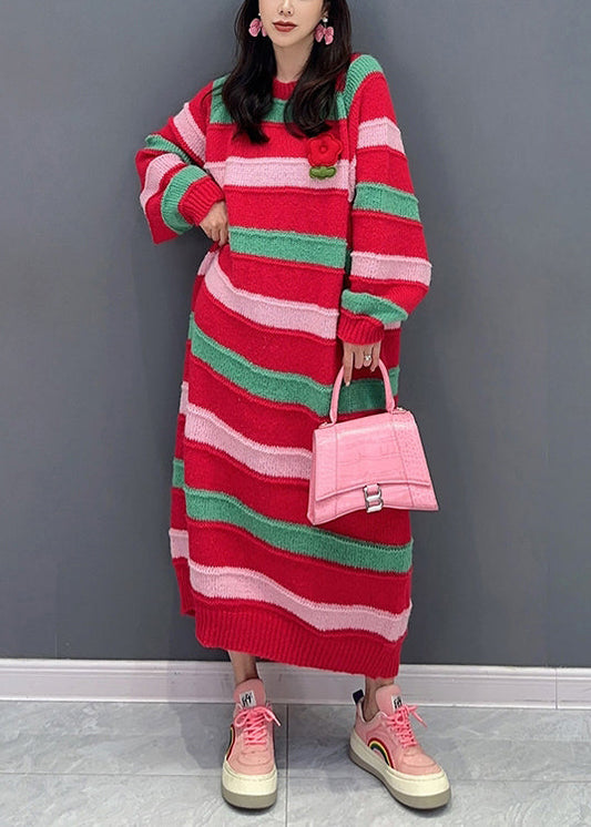 Italian Red Striped O Neck Patchwork Cotton Knit Dresses Fall Ada Fashion