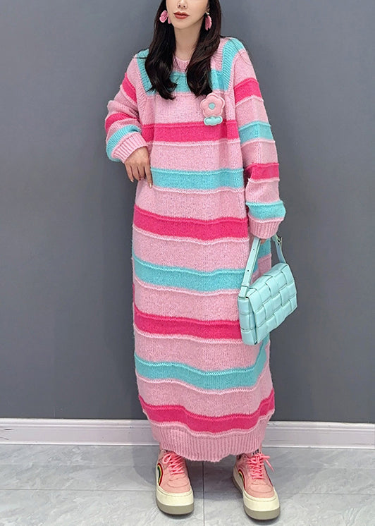 Italian Red Striped O Neck Patchwork Cotton Knit Dresses Fall Ada Fashion