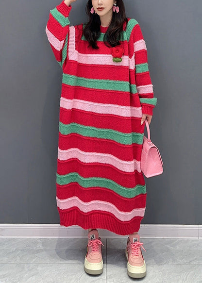 Italian Red Striped O Neck Patchwork Cotton Knit Dresses Fall Ada Fashion