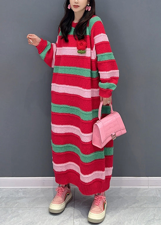 Italian Red Striped O Neck Patchwork Cotton Knit Dresses Fall Ada Fashion