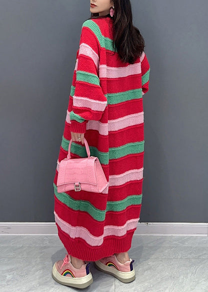 Italian Red Striped O Neck Patchwork Cotton Knit Dresses Fall Ada Fashion