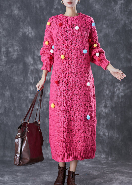Italian Rose Fuzzy Ball Decorated Knit Long Sweater Dress Winter Ada Fashion