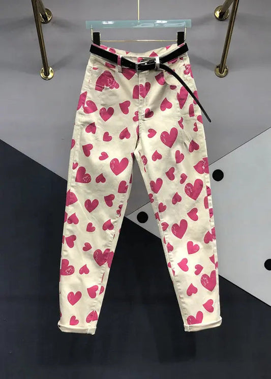 Italian Rose Heart Print Pockets Patchwork Denim Pants Fall Ada Fashion