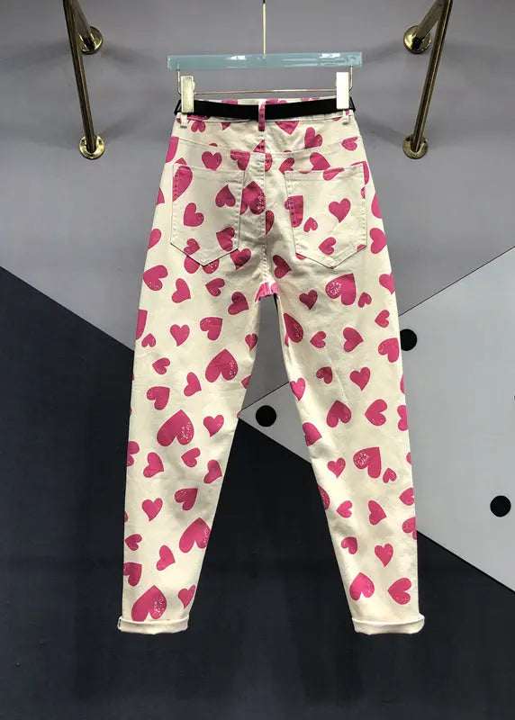 Italian Rose Heart Print Pockets Patchwork Denim Pants Fall Ada Fashion