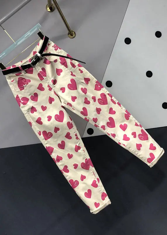 Italian Rose Heart Print Pockets Patchwork Denim Pants Fall Ada Fashion