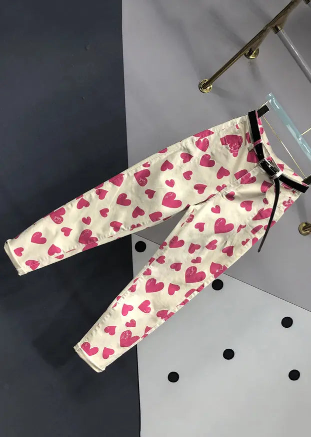 Italian Rose Heart Print Pockets Patchwork Denim Pants Fall Ada Fashion