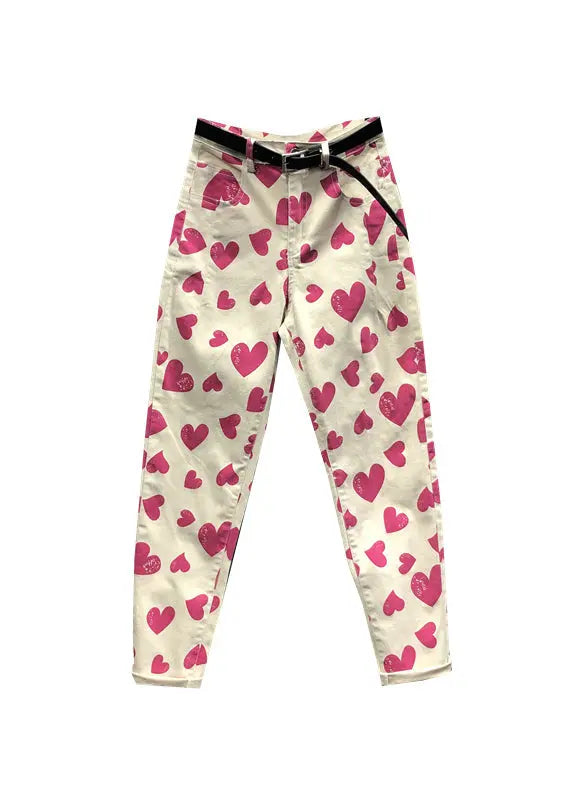 Italian Rose Heart Print Pockets Patchwork Denim Pants Fall Ada Fashion