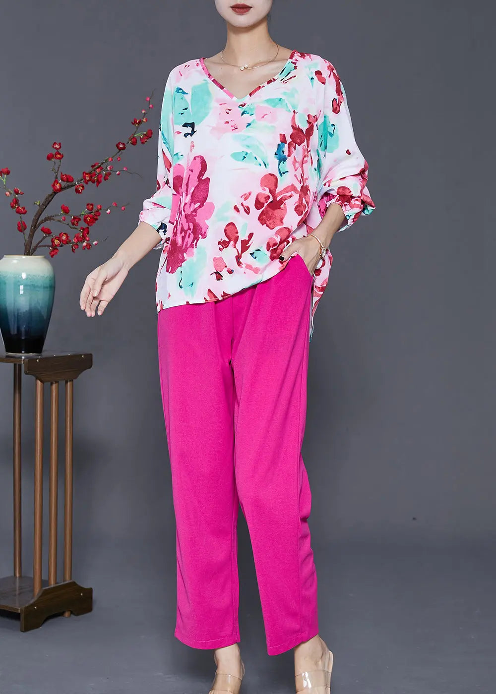 Italian Rose Oversized Print Silk Two Pieces Set Fall Ada Fashion