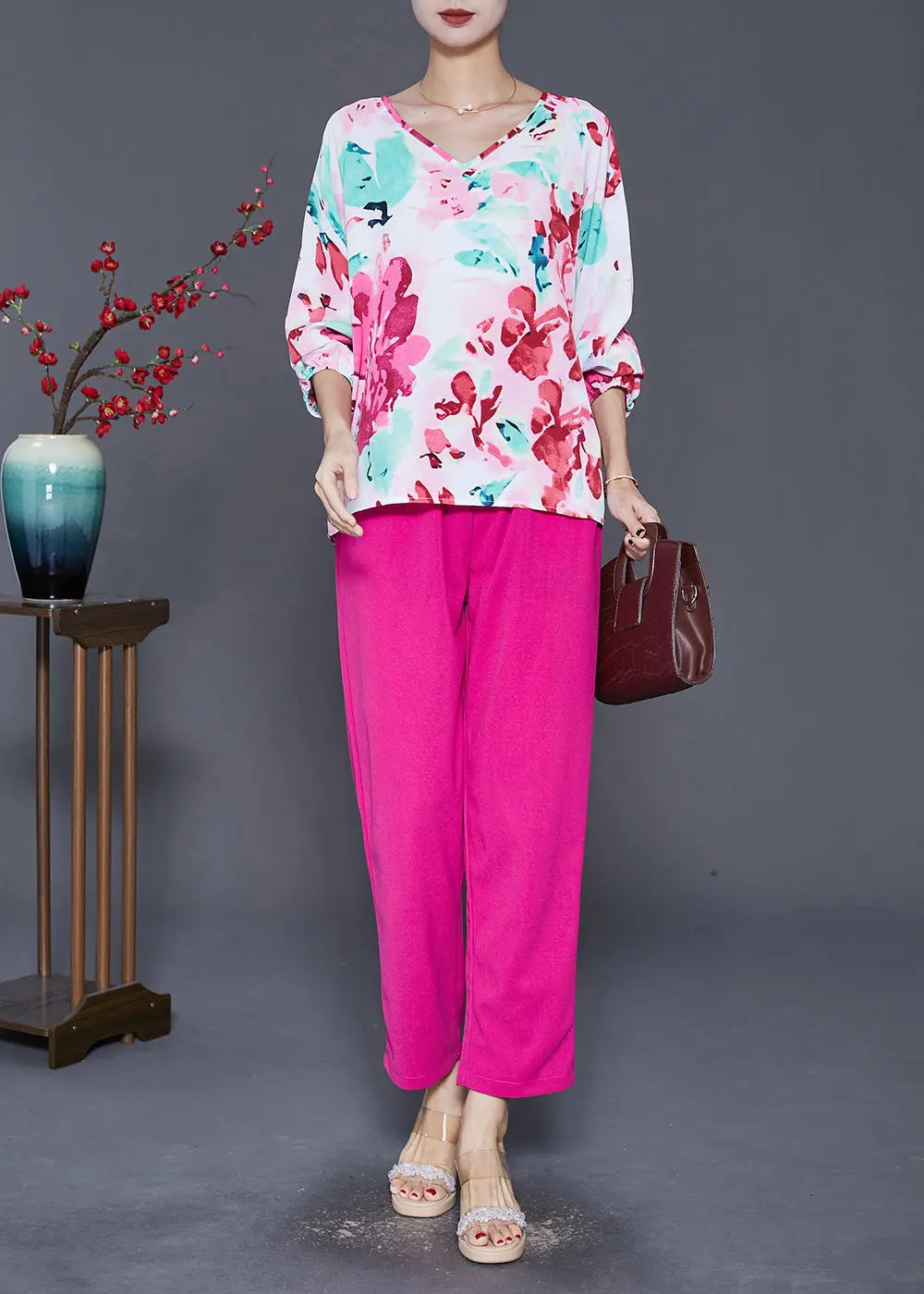 Italian Rose Oversized Print Silk Two Pieces Set Fall Ada Fashion