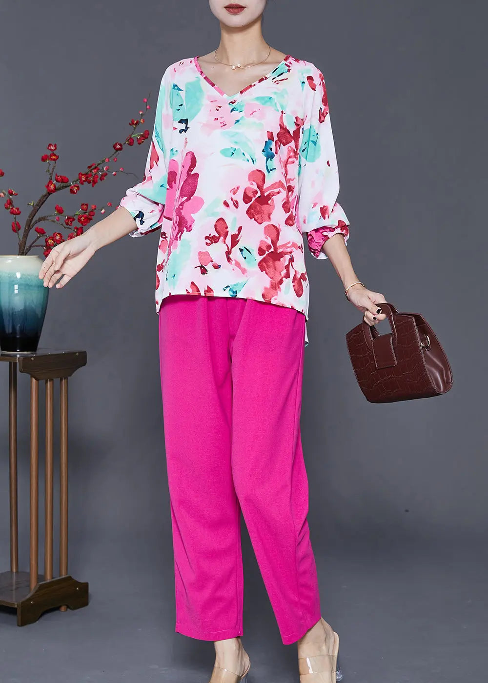 Italian Rose Oversized Print Silk Two Pieces Set Fall Ada Fashion